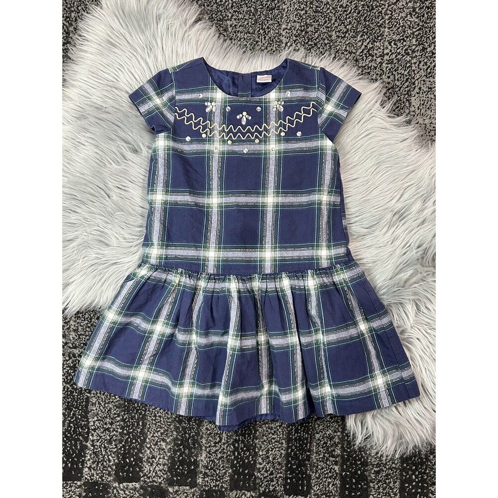 Gymboree Blue Plaid Holiday Dress With Jeweled And Gold Stitched Accents Size 7
